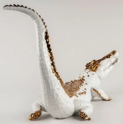 Luxus Deko Porzellan Skultur Figur Krokodil Weiß Kupfer Luxury Deco Porcelain Sculpture Figure Crocodile White Copper