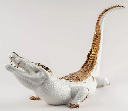 Luxus Deko Porzellan Skultur Figur Krokodil Weiß Kupfer Luxury Deco Porcelain Sculpture Figure Crocodile White Copper