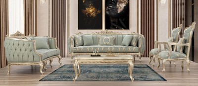 Casa Padrino ensemble de salon baroque de luxe vert / or antique - 2 Canapés & 2 Fauteuils & 1 Table Basse - Mobilier de salon baroque fait main - Noble & Magnifique
