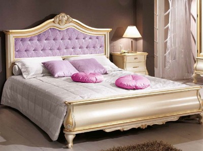 Casa Padrino letto matrimoniale barocco di lusso viola / crema / oro - Magnifico letto in legno massello in stile barocco - Mobili per Camera da Letto e per Hotel Barocchi - Fatto in Italia