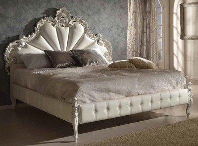 Luxus Barock Massivholz Bett Doppelbett Weiß Silber Luxury Baroque Solid Wood Bed Double White Silver