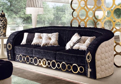 Casa Padrino Luxury Sofa with Metal Ornaments Black / Beige / Gold 260 x 103 x H. 80 cm - Luxury Living Room & Hotel Furniture - First Class Quality - Made in Italy