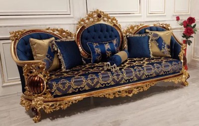 Casa Padrino luxury baroque sofa blue / gold / brown - Magnificent living room sofa with elegant pattern - Baroque living room furniture