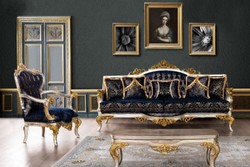 Luxus Barock Wohnzimmer Sessel Royalblau Schwarz Silber Gold Luxury Baroque Living Room Armchair Royal Blue Black Silver Gold
