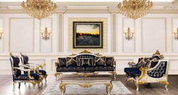 Luxus Barock Wohnzimmer Sessel Royalblau Schwarz Silber Gold Luxury Baroque Living Room Armchair Royal Blue Black Silver Gold