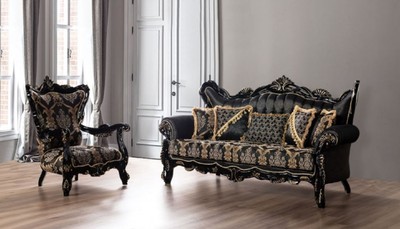 Casa Padrino Luxus Barock Sofa Schwarz / Gold - Prunkvolles Wohnzimmer Sofa mit elegantem Muster - Barock Wohnzimmer Möbel