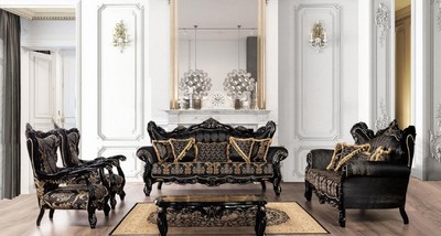 Casa Padrino Luxus Barock Sofa Schwarz / Gold - Prunkvolles Wohnzimmer Sofa mit elegantem Muster - Barock Wohnzimmer Möbel