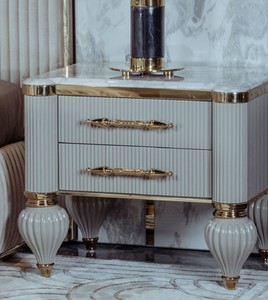 Casa Padrino comodino Art Deco di lusso grigio / bianco / oro 64 x 51 x A. 59 cm - Magnifico comodino in legno massello con 2 cassetti - Mobili per Camera da Letto e Hotel Art Deco di Lusso
