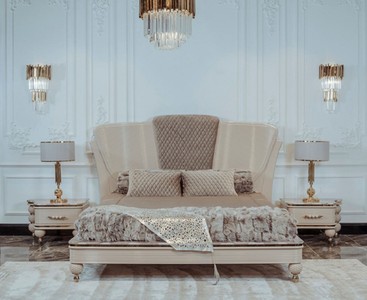 Casa Padrino Luxus Art Deco Schlafzimmer Set Beige / Grau / Gold - 1 Doppelbett mit Kopfteil & 2 Nachttische - Art Deco Schlafzimmer & Hotel Möbel - Luxus Kollektion