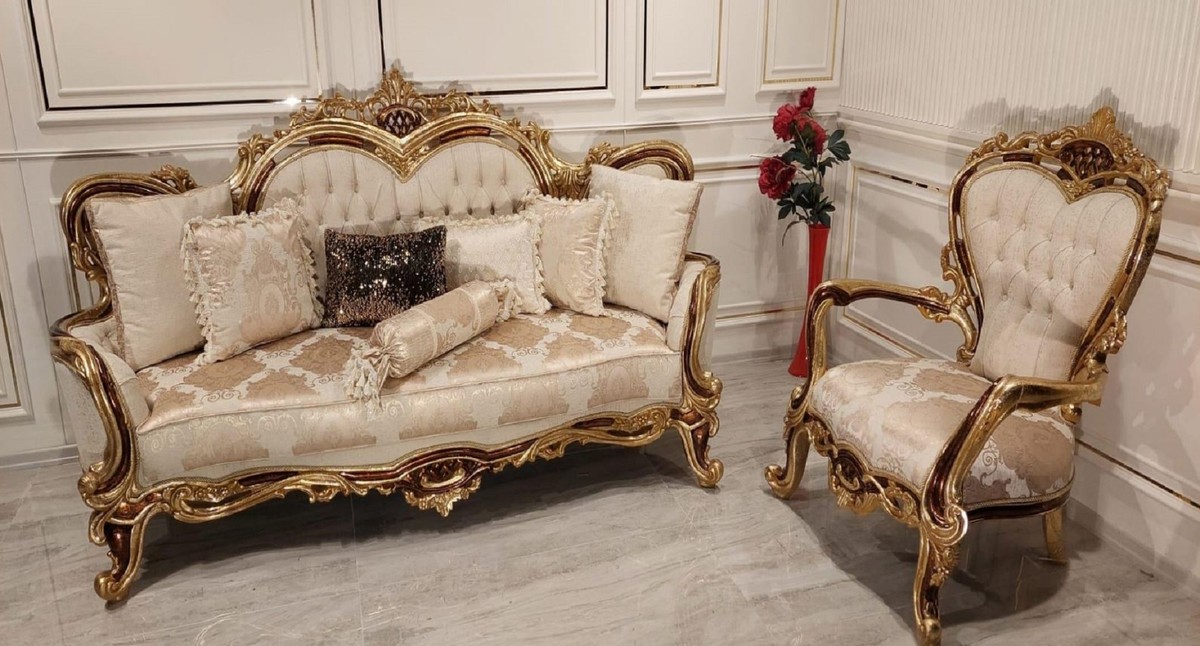 Casa Padrino divano barocco di lusso crema / marrone / oro - Magnifico divano da soggiorno con motivo elegante - Mobili Barocchi - Nobile e Magnifico Casa Padrino divano barocco di lusso crema / marrone / oro - Magnifico divano da soggiorno con motivo elegante - Mobili Barocchi - Nobile e Magnifico