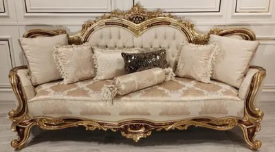 Casa Padrino luxury baroque sofa cream / brown / gold - Magnificent living room sofa with elegant pattern - Baroque Furniture - Noble & Magnificent Casa Padrino luxury baroque sofa cream / brown / gold - Magnificent living room sofa with elegant pattern - Baroque Furniture - Noble & Magnificent