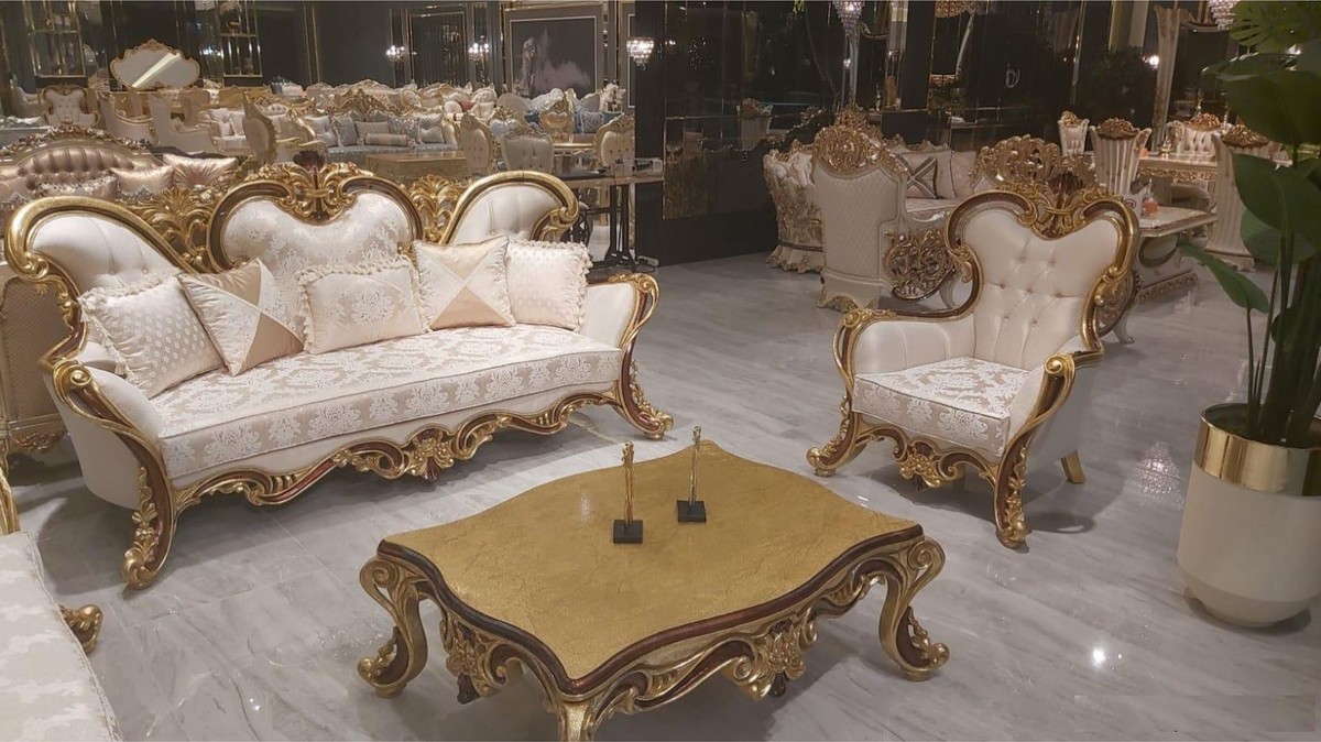 Casa Padrino sofá barroco de lujo crema / marrón / oro - Magnífico sofá de salón con patrón - Muebles Barrocos - Noble y Magnífico Casa Padrino sofá barroco de lujo crema / marrón / oro - Magnífico sofá de salón con patrón - Muebles Barrocos - Noble y Magnífico