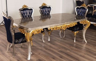 Casa Padrino table à manger baroque de luxe argent / or - Table de salle à manger en bois massif fait main de style baroque - Magnifique meuble de salle à manger baroque
