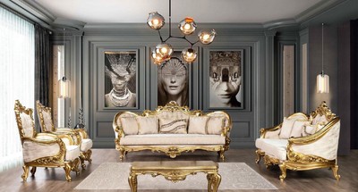 Casa Padrino Luxus Barock Sofa Cremefarben / Gold - Prunkvolles Wohnzimmer Sofa mit Muster - Barock Wohnzimmer Möbel - Edel & Prunkvoll