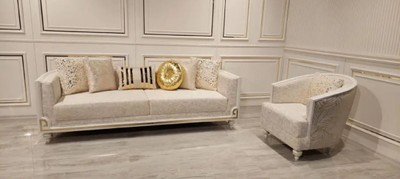 Casa Padrino Luxus Art Deco Sofa Grau / Weiß / Gold - Wohnzimmer Sofa - Hotel Sofa - Luxus Art Deco Wohnzimmer & Hotel Möbel