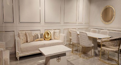 Casa Padrino Luxus Art Deco Sofa Grau / Weiß / Gold - Wohnzimmer Sofa - Hotel Sofa - Luxus Art Deco Wohnzimmer & Hotel Möbel
