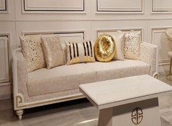 Casa Padrino Sofá Art Deco de Lujo Gris / Blanco / Oro - Sofá de la Sala de Estar - Sofá del Hotel - Muebles de Hotel y Sala de Estar Art Deco de Lujo
