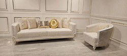 Casa Padrino Sofá Art Deco de Lujo Gris / Blanco / Oro - Sofá de la Sala de Estar - Sofá del Hotel - Muebles de Hotel y Sala de Estar Art Deco de Lujo
