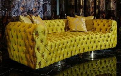 Casa Padrino divano Chesterfield di lusso giallo / argento 270 x 98 x A. 78 cm - Divano da soggiorno moderno - Mobili da Soggiorno Chesterfield - Collezione di Lusso