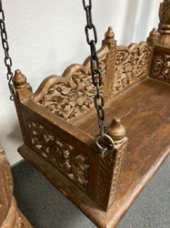 Handgefertigte Antike Jugendstil Massivholz Gartenschaukel mit Dach Braun Handmade Antique Art Nouveau Solid Wood Garden Swing with Roof Brown