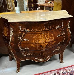 Casa Padrino baroque chest of drawers dark brown / brown marquetry / gold / cream - Handmade solid wood chest of drawers with 4 drawers and marble top - Baroque Furniture