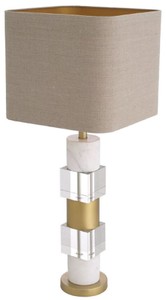 Casa Padrino Luxus Tischleuchte Antik Messingfarben / Weiß / Beige 35 x 35 x H. 87 cm - Schreibtischleuchte mit Marmor und Kristallglas - Luxus Qualität