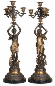 Jugendstil Bronze Kerzenhalter Set mit Marmorsockel Art Nouveau Bronze Candle Holder Set with Marble Base
