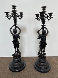 Casa Padrino conjunto de portavelas Art Nouveau de lujo bronce / negro 23 x 20 x A. 69 cm - Elegante portavelas de bronce con base de mármol - Accesorios de Decoración Barroca y Art Nouveau