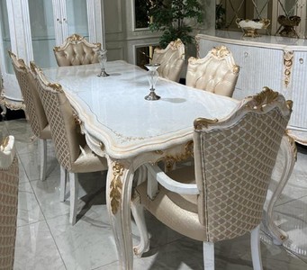 Casa Padrino set da pranzo barocco di lusso bianco / oro - 1 Tavolo da Pranzo Barocco e 6 Sedie da Pranzo Barocco - Mobili da sala da pranzo barocchi - Nobile e Magnifico