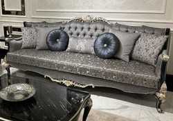 Casa Padrino canapé baroque de luxe argent / noir / argent - Canapé de salon fait main avec motif élégant et oreillers décoratifs - Mobilier de salon de style baroque