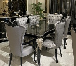 Casa Padrino set da pranzo barocco di lusso argento / nero / argento - 1 Tavolo da Pranzo e 6 Sedie da Pranzo - Mobili da sala da pranzo barocchi - Nobile e Magnifico