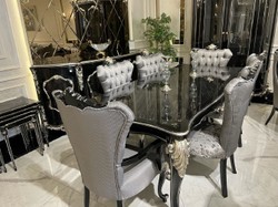 Casa Padrino set da pranzo barocco di lusso argento / nero / argento - 1 Tavolo da Pranzo e 6 Sedie da Pranzo - Mobili da sala da pranzo barocchi - Nobile e Magnifico