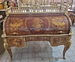 Casa Padrino secretaria barroco de lujo marrón marquetería / oro - Escritorio barroco hecho a mano - Muebles de oficina barrocos - Noble y Magnífico