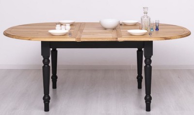 Casa Padrino Landhausstil Esstisch Naturfarben / Schwarz 160-200 x 120 x H. 78 cm - Ovaler ausziehbarer massivholz Küchentisch mit Eichenholz Tischplatte - Esszimmer Möbel im Landhausstil