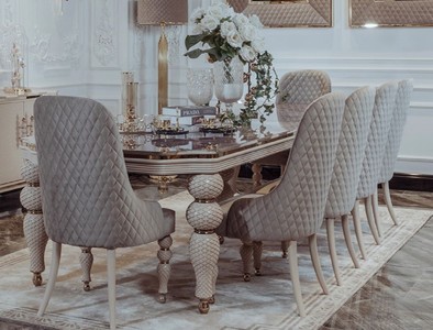 Casa Padrino set da sala da pranzo Art Deco di lusso grigio / bianco / oro - 1 Tavolo da Pranzo Art Deco con Piano e 8 Sedie da Pranzo Art Deco - Mobili da Pranzo Art Deco