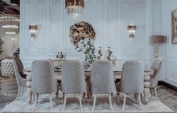 Luxus Art Deco Esszimmer Set Esstisch und 8 Stühle Grau Weiß Gold Luxury Art Deco Dining Room Set Dining Table and 8 Chairs Gray White Gold
