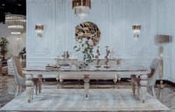 Luxus Art Deco Esszimmer Set Esstisch und 8 Stühle Grau Weiß Gold Luxury Art Deco Dining Room Set Dining Table and 8 Chairs Gray White Gold