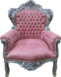 Casa Padrino baroque armchair pink / silver - Handmade solid wood living room armchair with faux leather - Antique style living room armchair - Baroque living room furniture