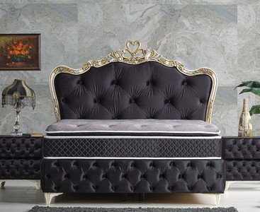 Casa Padrino set di mobili per camera da letto barocco di lusso nero / crema / oro - Varie Misure - 1 Letto Matrimoniale Barocco con Materasso e 2 Comodini - Mobili per Camera da Letto Barocco