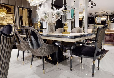 Casa Padrino Luxus Art Deco Esstisch Weiß / Schwarz / Gold - Art Deco Esszimmer Tisch - Art Deco Esszimmer Möbel - Luxus Qualität