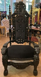 Casa Padrino poltrona trono barocco di lusso nero / nero - Poltrona reale in legno massello fatta a mano con strass - Mobili Barocchi - Nobile e Magnifico