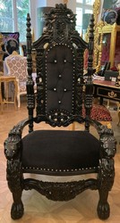 Casa Padrino sillón de trono barroco de lujo negro / negro - Sillón real de madera maciza hecho a mano con pedrería - Muebles Barrocos - Noble y Magnífico