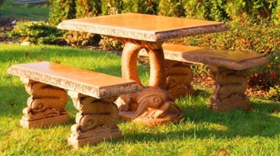 Casa Padrino Stone Garden Furniture Set Fish Beige - 1 Oriental Garden Table & 2 Oriental Garden Benches - Oriental Garden & Patio Furniture