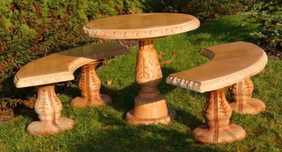 Casa Padrino Stone Garden Furniture Set Beige - 1 Round Garden Table & 2 Curved Garden Benches - Oriental Garden & Patio Furniture