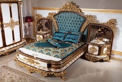 Casa Padrino Luxury Baroque Bedroom Set Blue / White / Brown / Gold - Double Bed with Headboard & 2 Bedside Chests