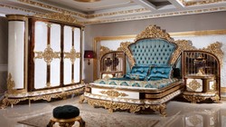 Casa Padrino Luxury Baroque Bedroom Set Blue / White / Brown / Gold - Double Bed with Headboard & 2 Bedside Chests