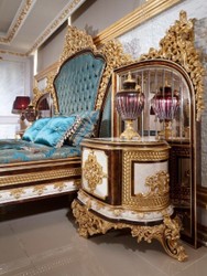 Casa Padrino Luxury Baroque Bedroom Set Blue / White / Brown / Gold - Double Bed with Headboard & 2 Bedside Chests