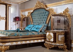 Casa Padrino Luxury Baroque Bedroom Set Blue / White / Brown / Gold - Double Bed with Headboard & 2 Bedside Chests