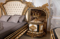 Casa Padrino conjunto de dormitorio barroco de lujo oro / blanco / azul / oro - 1 Cama Doble con Cabecera y 2 Mesitas de Noche - Muebles de dormitorio barroco - Noble y Magnífico