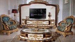 Casa Padrino armadio TV barocco di lusso bianco / marrone / oro - Magnifica credenza da soggiorno con parete posteriore - Mobili da soggiorno barocchi - Nobile e Magnifico
